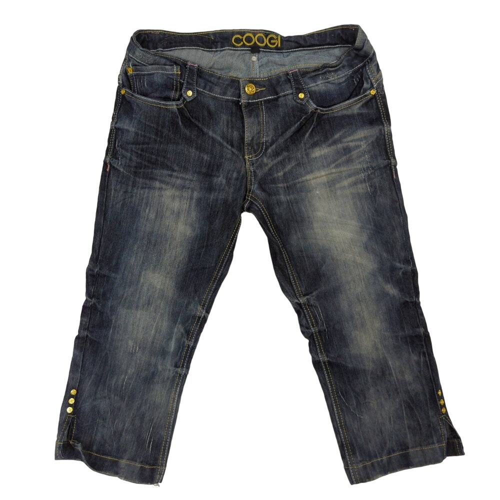 Coogi Womens Blue Wash Cropped Denim Jeans Gold Button Embroidered Size 7/8‎